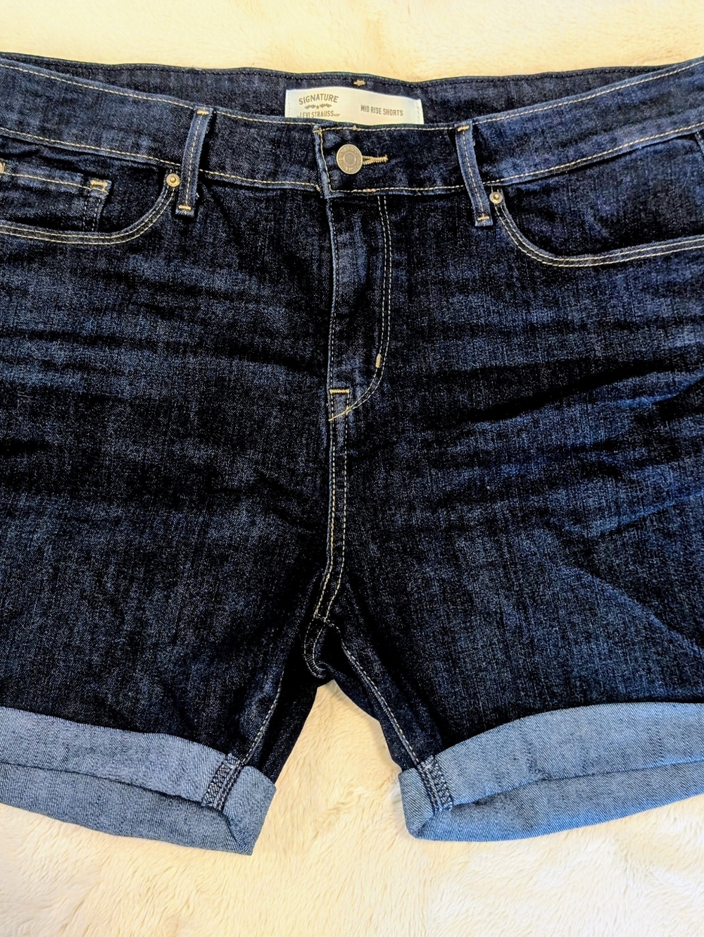 Levi Strauss & Co. Signature Mid Rise Denim Shorts Size 14 Dark Wash Cuffed - CB
